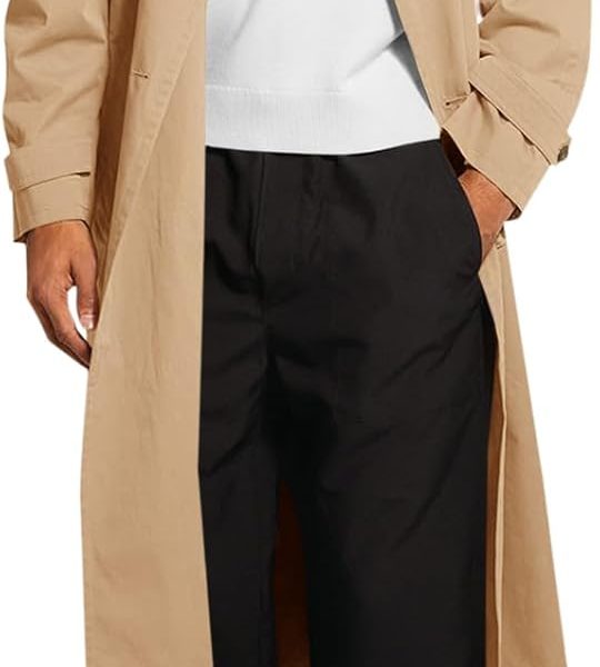 Men's Trench Coat: Double-Breasted Belted Windbreaker Jacket, Lapel Lightweight Long Casual Overcoat