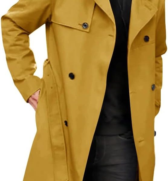 Men's Trench Coat: Slim-Fit Double-Breasted Belted Windbreaker, Lapel Long Casual Overcoat