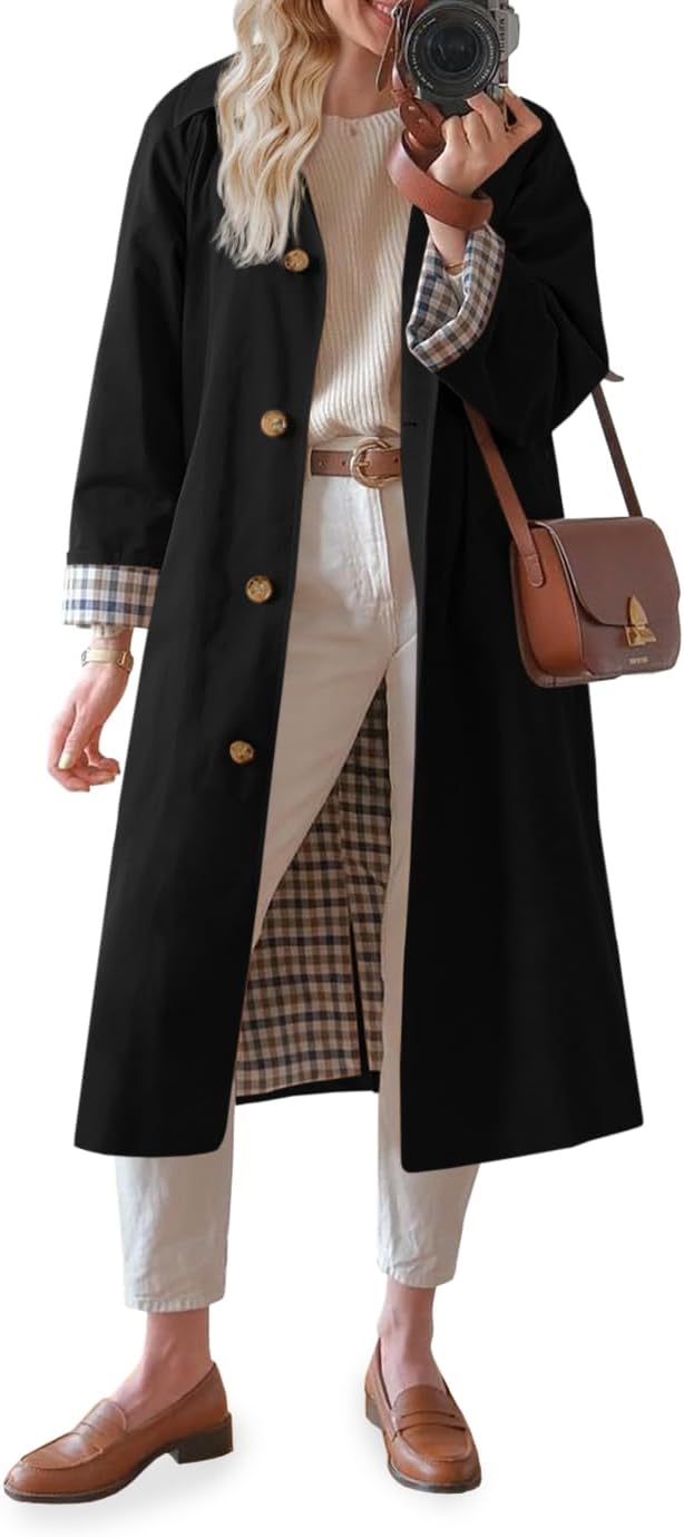 Womens Long Trench Coat Single Breasted Oversized Windproof Overcoat Fashion Outerwear