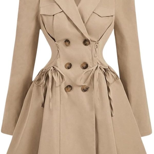 Women's Trench Coat Lapel Double Breasted Puff Long Sleeve A Line Jacket Outerwear