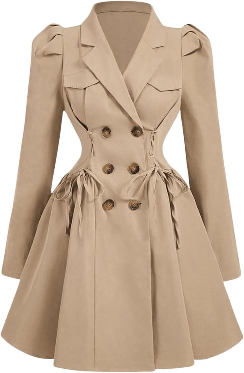 Women's Trench Coat Lapel Double Breasted Puff Long Sleeve A Line Jacket Outerwear