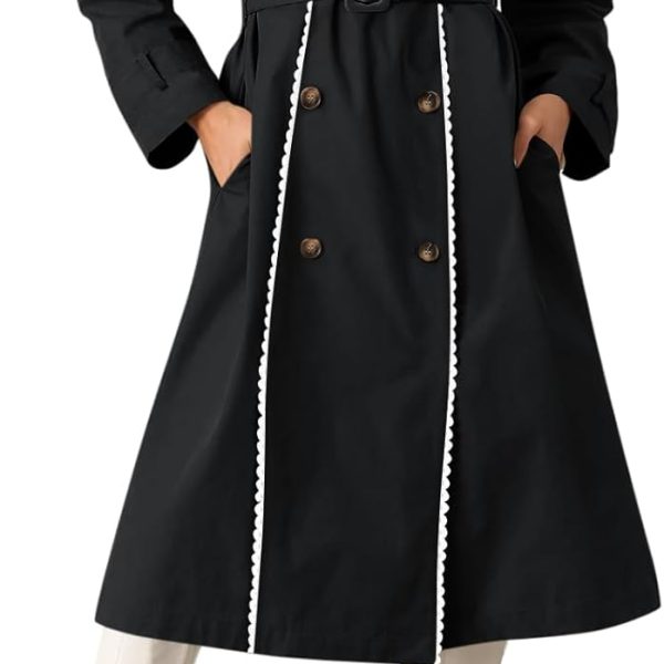 Womens Long Trench Coat Casual Double Breasted Windproof Jacket Classic Lapel Overcoat with Belt