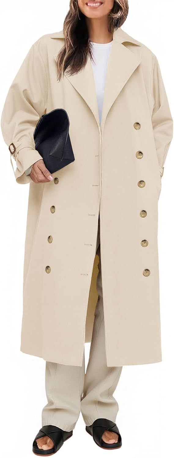 Women's Long Trench Coat – Loose-Fit Double-Breasted Windproof Coat with Classic Lapel, Casual Autumn Outerwear