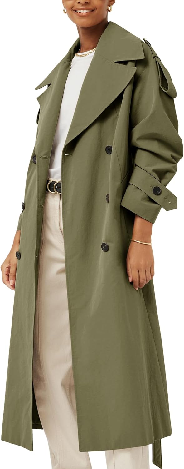 Womens Oversized Long Trench Coat Double Breasted Lapel Windproof Overcoat with Belt - Image 2