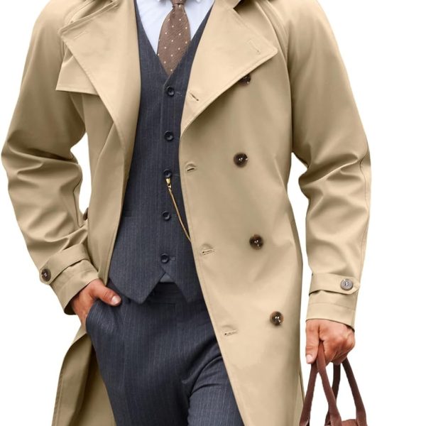 Men's Trench Coat: Double-Breasted Notched Lapel, Casual Belted Windbreaker, Classic Autumn Long Coat