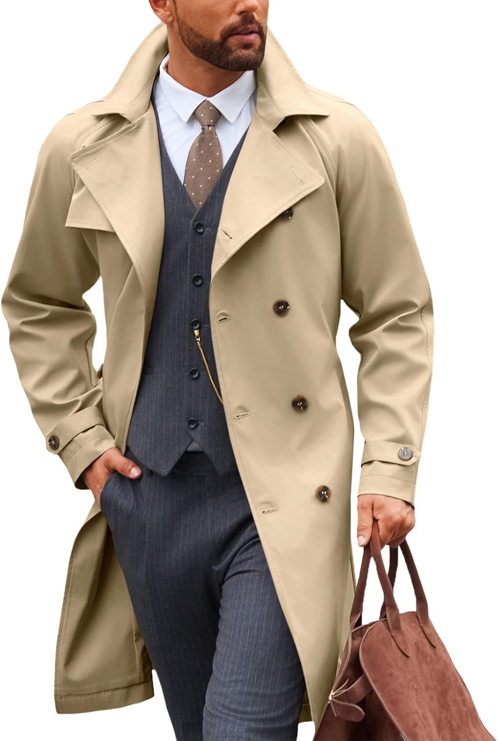 Men's Trench Coat: Double-Breasted Notched Lapel, Casual Belted Windbreaker, Classic Autumn Long Coat