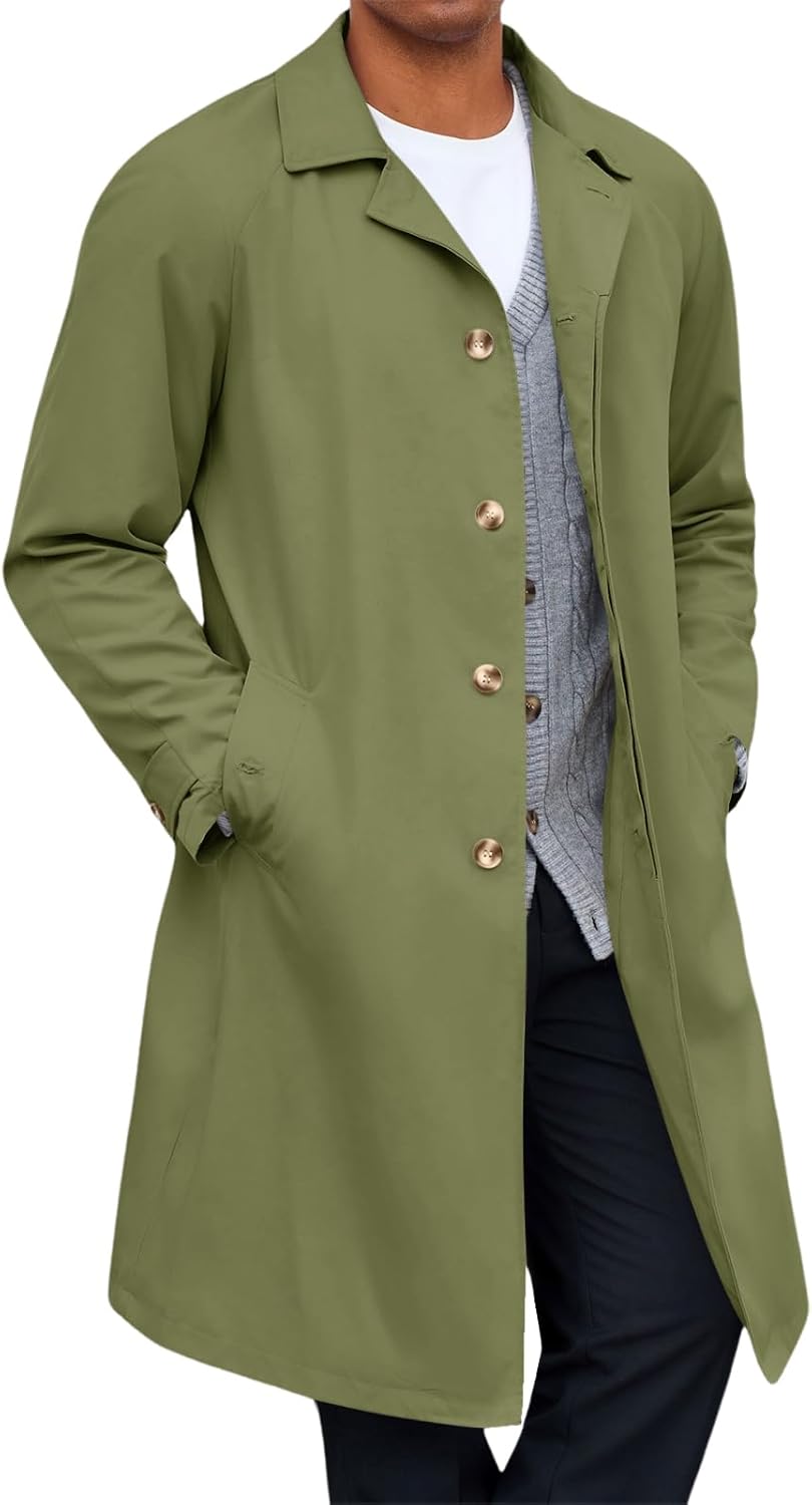 Men's Trench Coat: Single-Breasted Casual Slim-Fit Windbreaker, Lightweight Lapel Long Overcoat