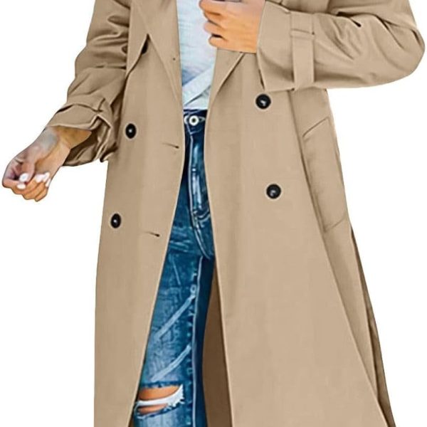 Women's Trench Coat Double Breasted Long Trench Coat Spring Fall Fashion Windproof Classic Lapel Overcoat with Belt