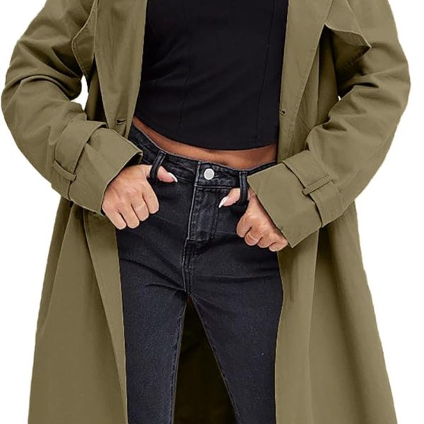 Women's Double Breasted Trench Coats Causal Windproof Long Lapel Pocketed Overcoat with Belt