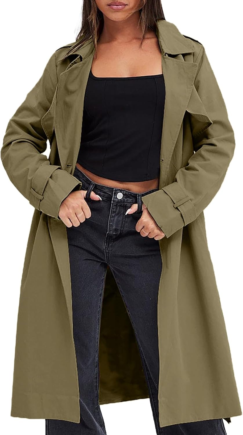 Women's Double Breasted Trench Coats Causal Windproof Long Lapel Pocketed Overcoat with Belt
