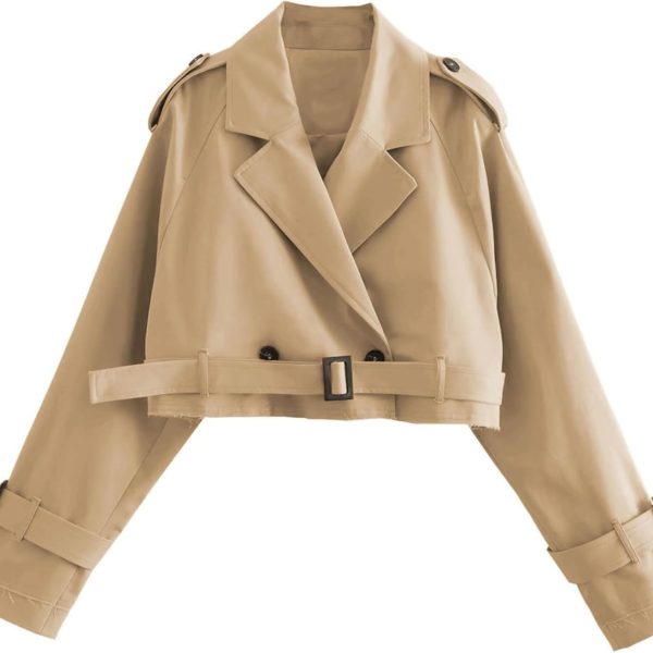 Women's Short Biker Jacket Style – Casual Double-Breasted Trench Coat (Belted)