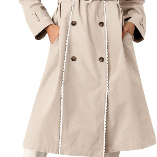 Womens Long Trench Coat Casual Double Breasted Windproof Jacket Classic Lapel Overcoat with Belt