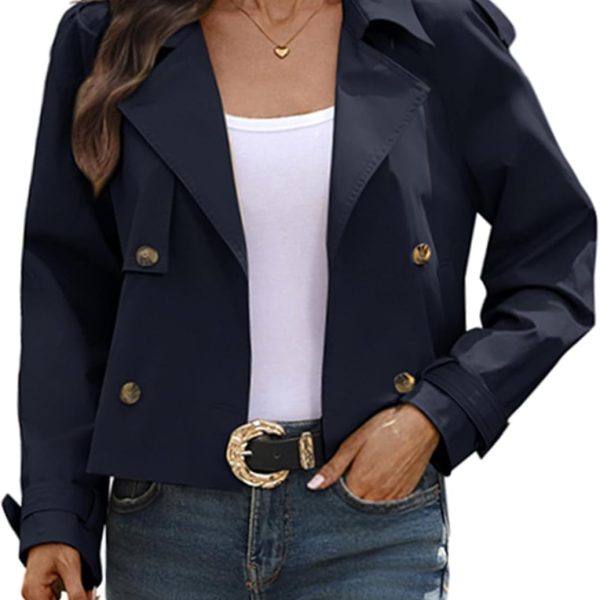 Women's Short Trench Coat – Lapel Collar, Long-Sleeve Button-Up Jacket, Loose-Fit Double-Breasted Outerwear