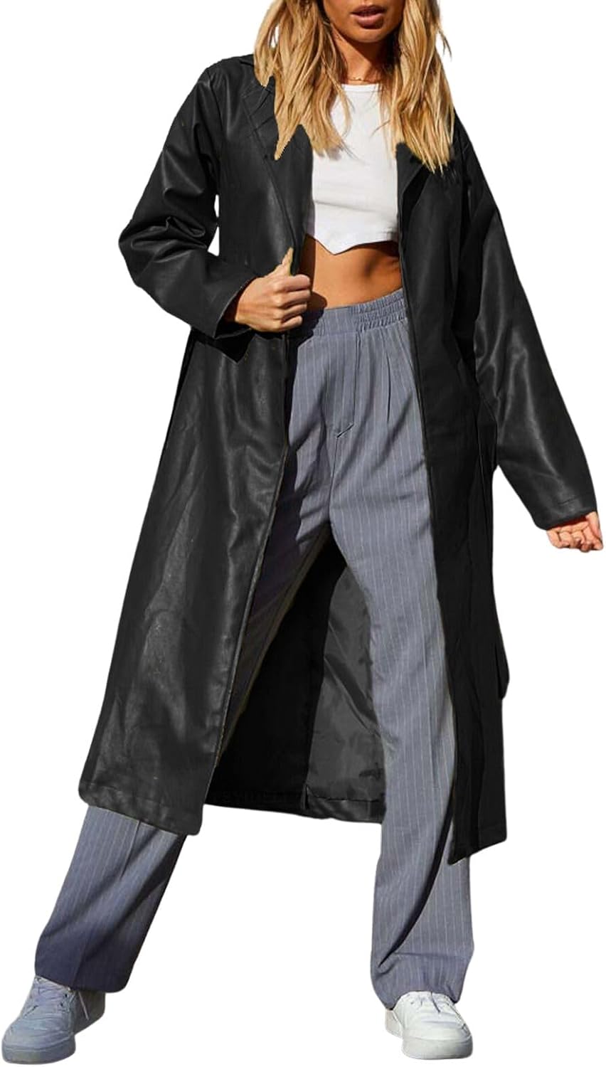 Women's Casual PU Leather Long Jacket – Lapel Collar Open-Front Trench Coat (Belted)