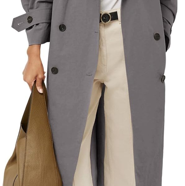 Womens Oversized Long Trench Coat Double Breasted Lapel Windproof Overcoat with Belt