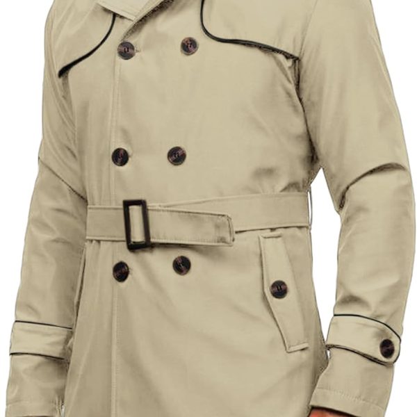 Men's Trench Coat: Slim-Fit Double-Breasted, Notched Lapel Belted Windbreaker, Long Casual Overcoat