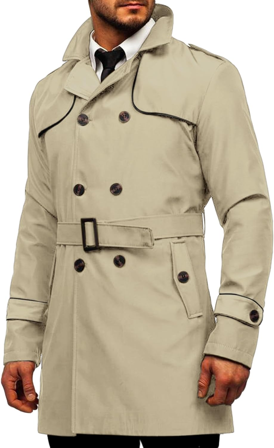 Men's Trench Coat: Slim-Fit Double-Breasted, Notched Lapel Belted Windbreaker, Long Casual Overcoat