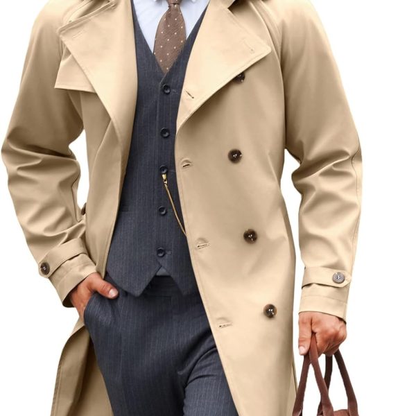 Men's Trench Coat: Double-Breasted Notched Lapel, Casual Belted Windbreaker, Classic Autumn Long Coat