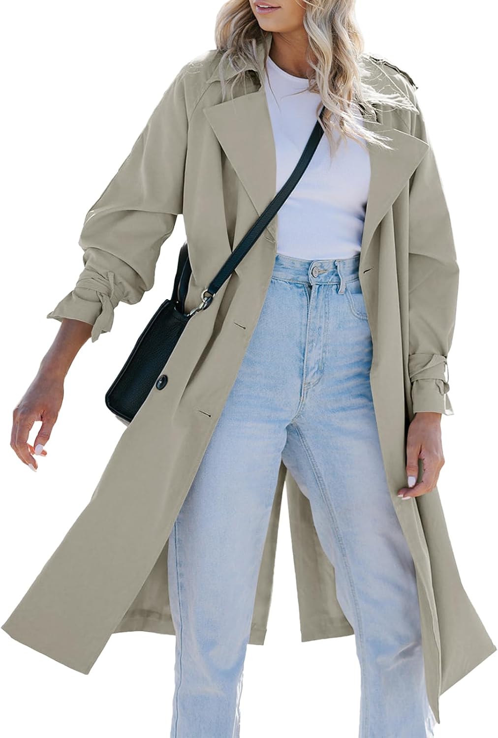 Women's Long Trench Coat Double Breasted Classic Lapel Oversized Windproof Overcoat Outerwear with Belt