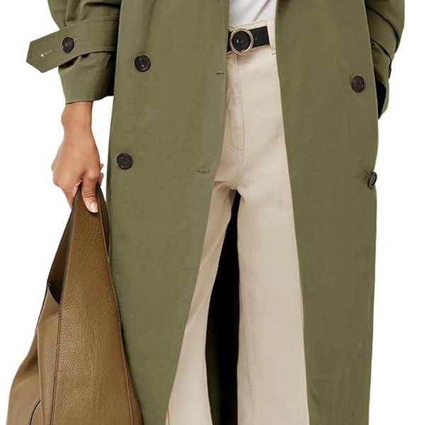 Womens Oversized Long Trench Coat Double Breasted Lapel Windproof Overcoat with Belt