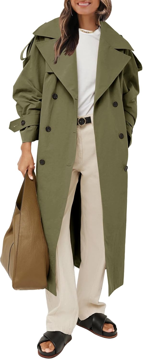 Womens Oversized Long Trench Coat Double Breasted Lapel Windproof Overcoat with Belt