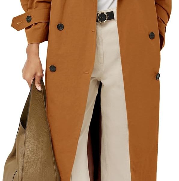 Womens Oversized Long Trench Coat Double Breasted Lapel Windproof Overcoat with Belt