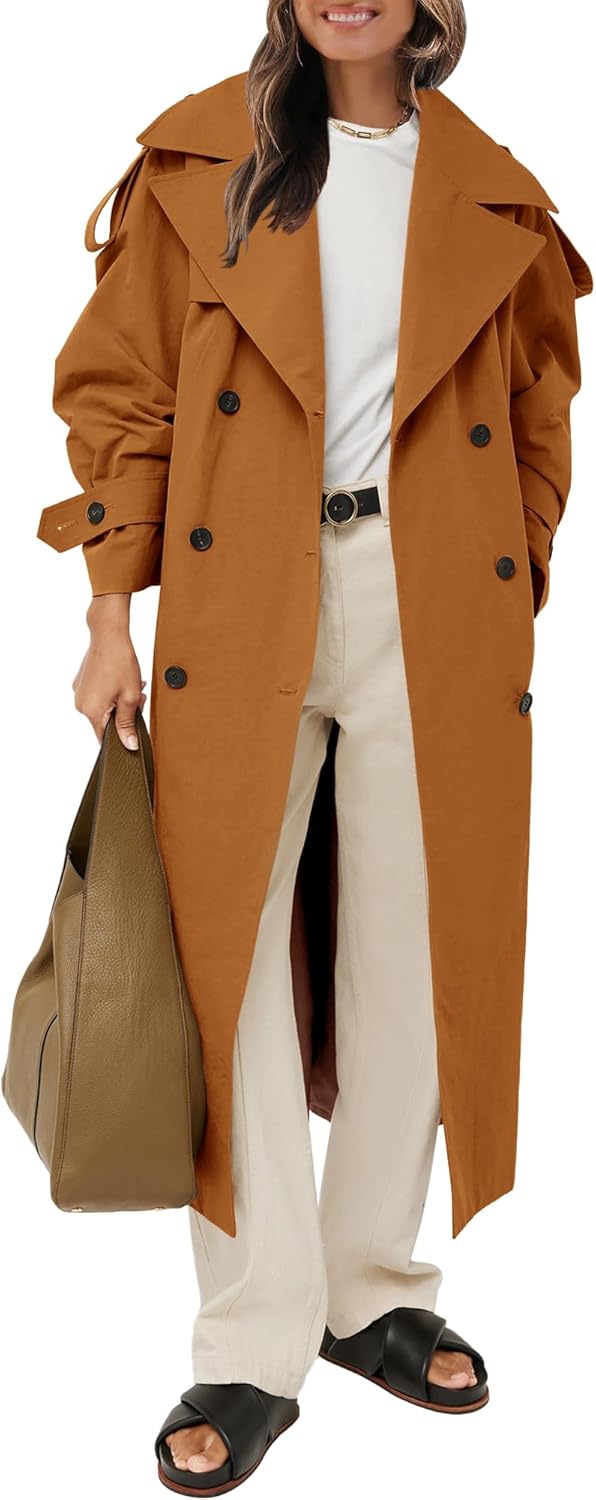 Womens Oversized Long Trench Coat Double Breasted Lapel Windproof Overcoat with Belt