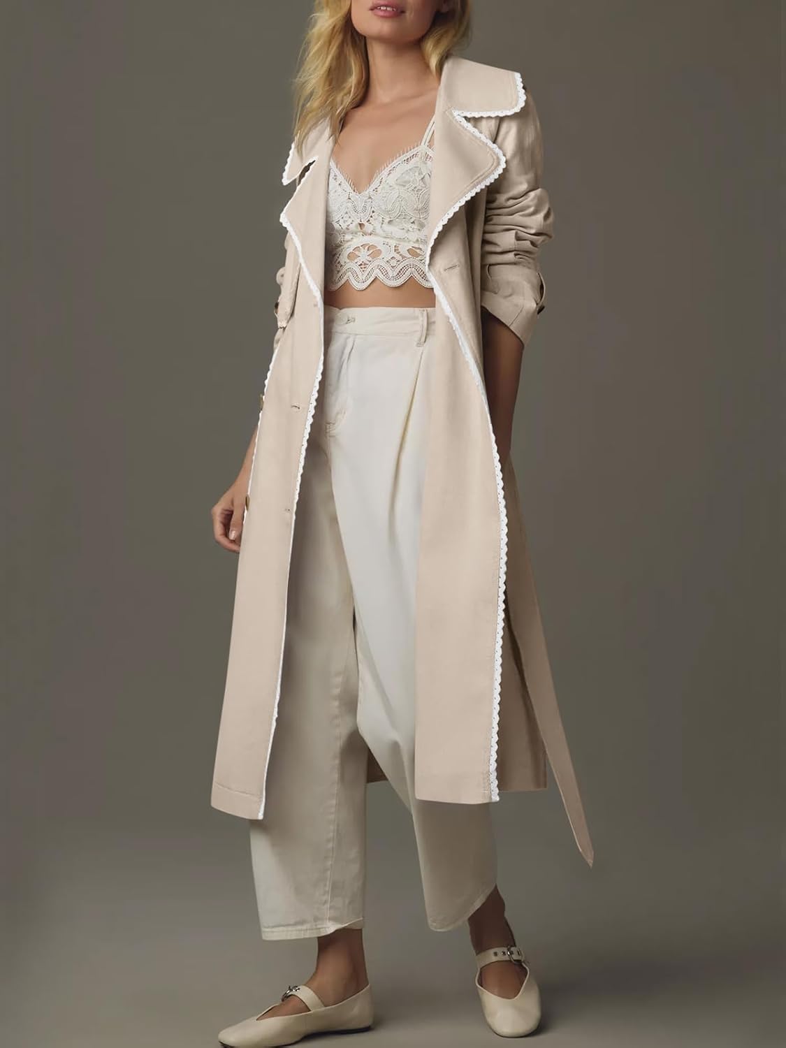 Womens Long Trench Coat Casual Double Breasted Windproof Jacket Classic Lapel Overcoat with Belt - Image 2