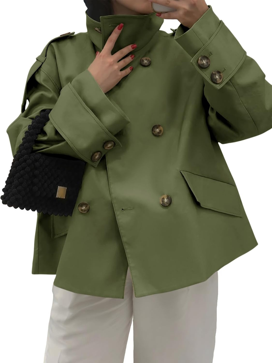 Women's Short Trench Coat – Loose-Fit Double-Breasted Stand Collar Jacket, Casual Autumn Commuter Outerwear