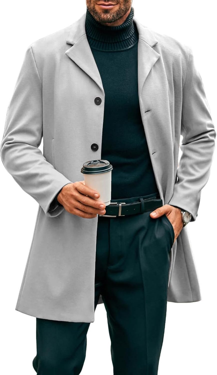 Men's Mid-Length Trench Coat: Slim-Fit Winter Single-Breasted Business Overcoat