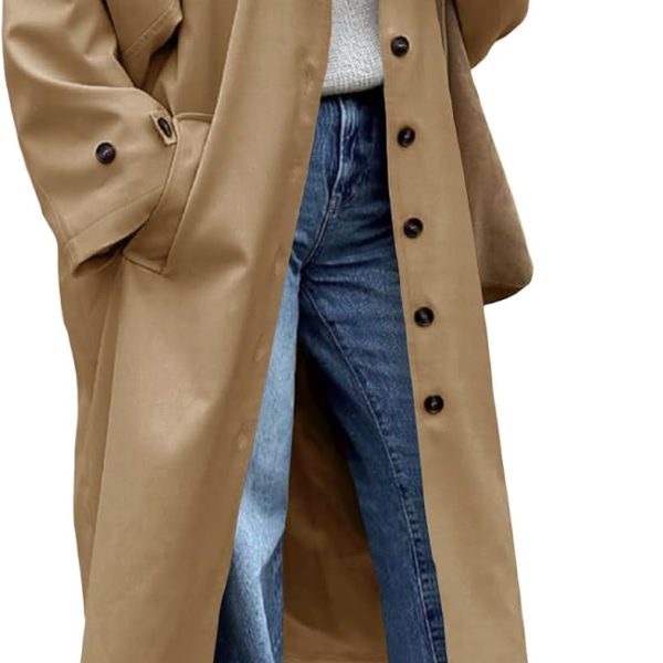 Womens Long Trench Coat Single Breasted Oversized Windproof Classic Lapel Fall Overcoat