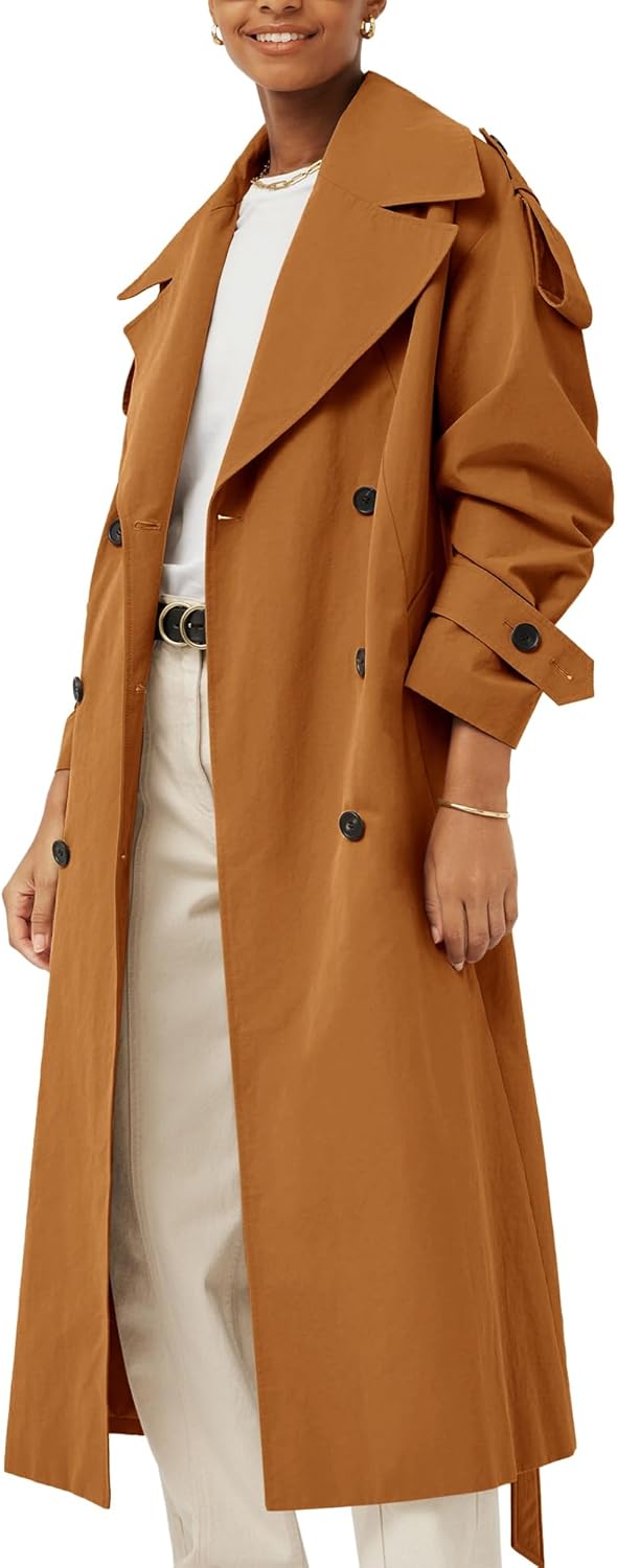 Womens Oversized Long Trench Coat Double Breasted Lapel Windproof Overcoat with Belt - Image 2