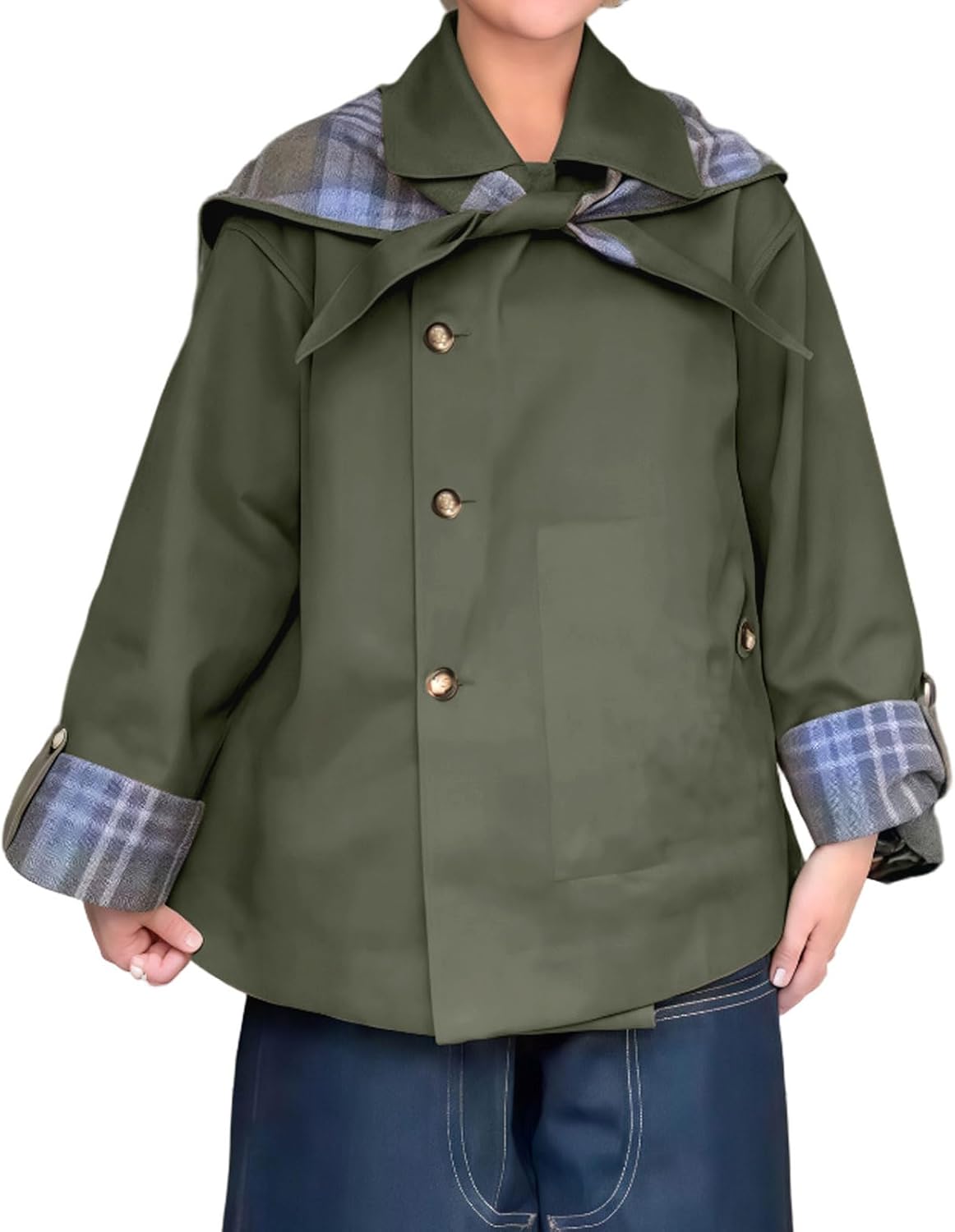 Women's Short Trench Coat – Autumn Plaid Reversible Jacket with Notched Lapel (Loose Fit, With Pockets)