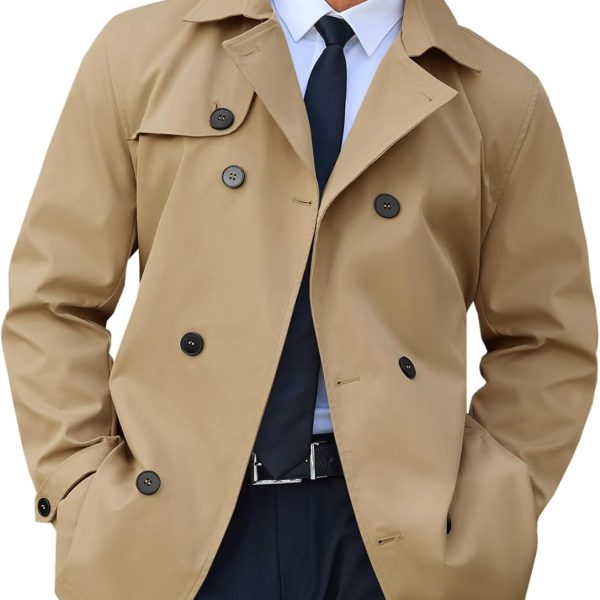 Men's Trench Coat: Double-Breasted Notched Lapel Jacket, Casual Belted Windbreaker