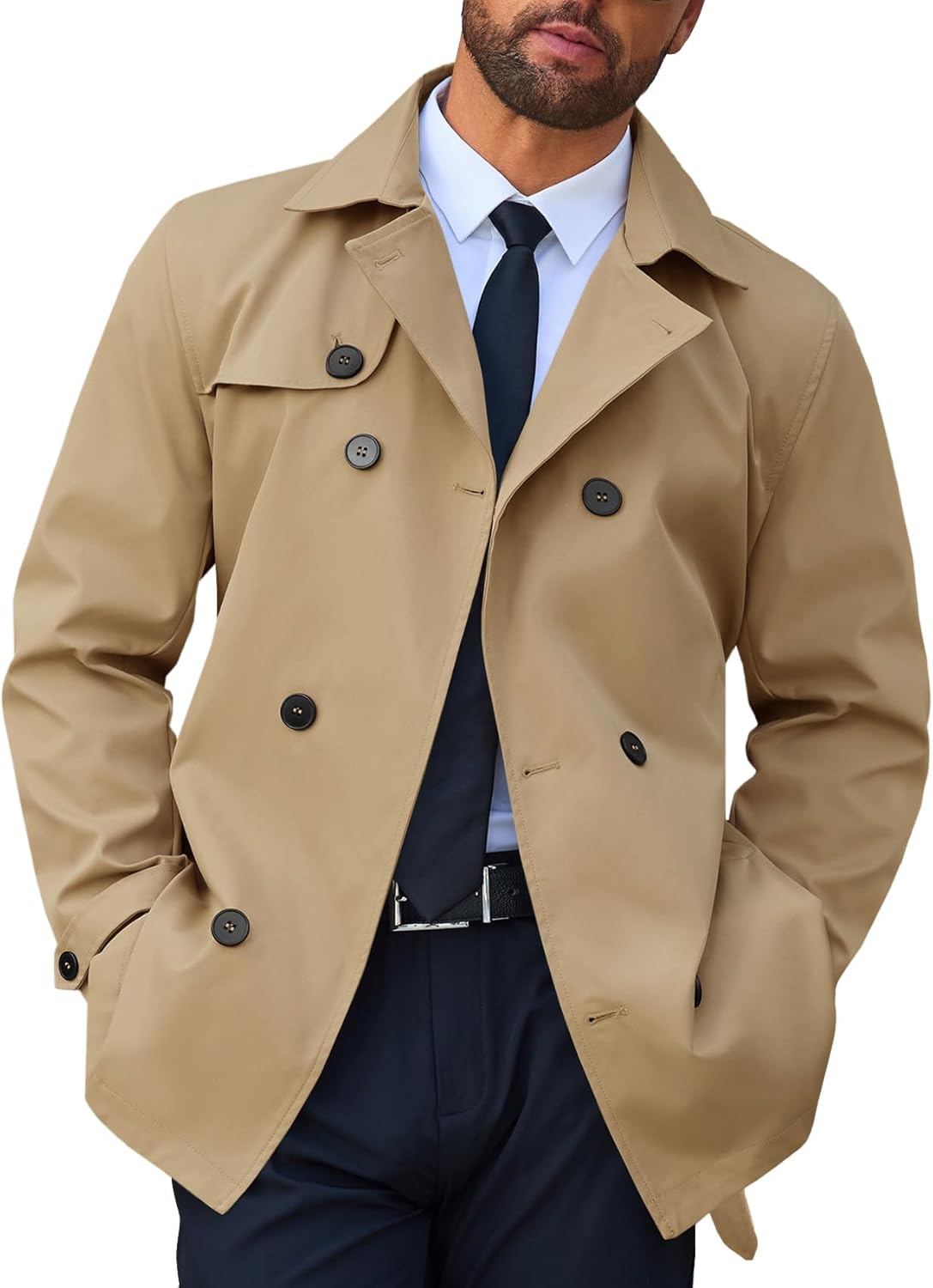 Men's Trench Coat: Double-Breasted Notched Lapel Jacket, Casual Belted Windbreaker