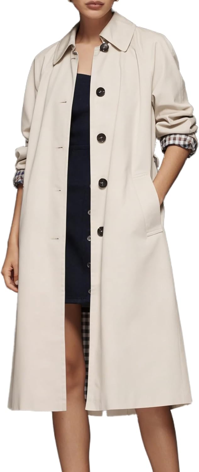 Women's Long Trench Coat – Single-Breasted Lightweight Spring Outerwear, Classic Mid-Length Jacket (Ideal for Commuting, Casual Wear, and Travel)