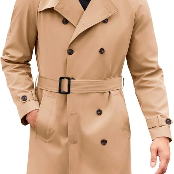 Men's Trench Coat: Double-Breasted Mid-Length Jacket, Casual Belted Overcoat, Notched Lapel Windbreaker