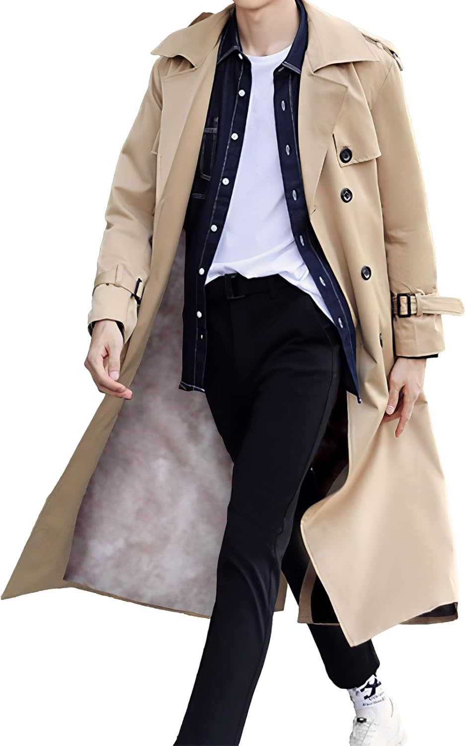 Men's Double-Breasted Trench Coat: Loose-Fit Casual Windbreaker, Lapel Long Overcoat