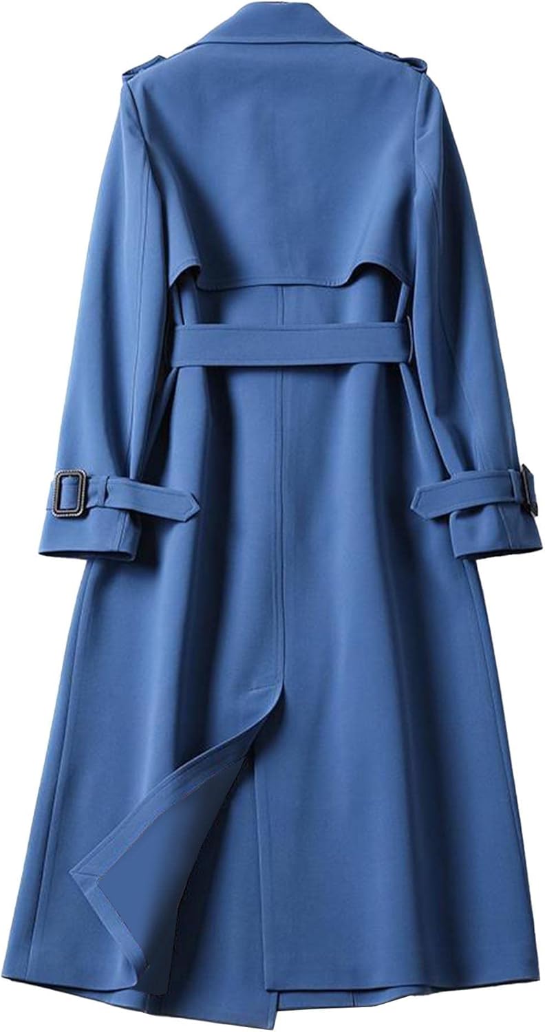 Women's Double Breasted Long Trench Coat Belted Notch Lapel Overcoat Windproof Classic Outerwear - Image 2
