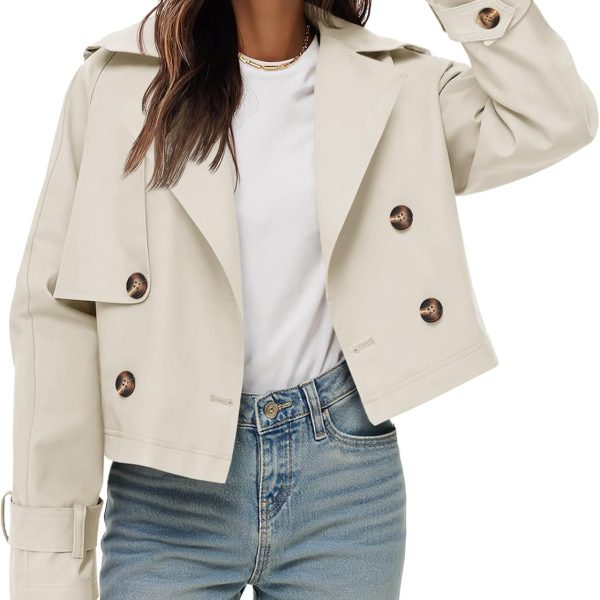Women's Short Trench Coat – Lapel Collar, Double-Breasted Jacket, Stylish Outerwear