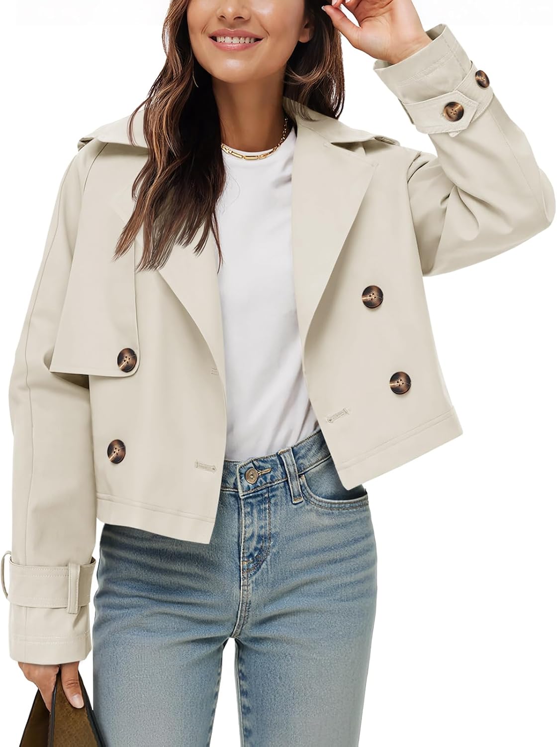 Women's Short Trench Coat – Lapel Collar, Double-Breasted Jacket, Stylish Outerwear