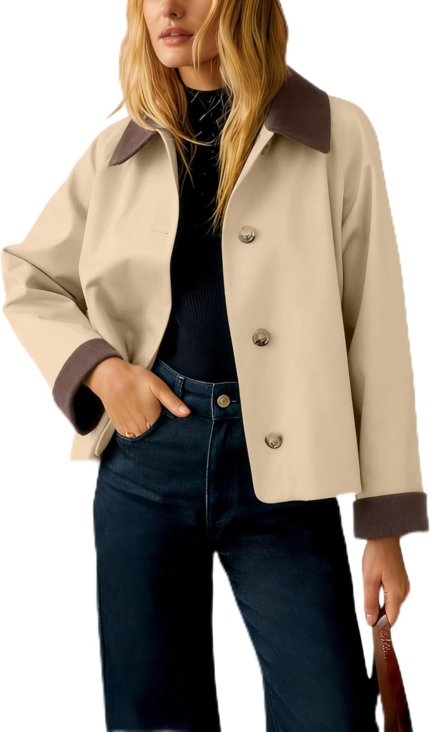 Women's Contrast-Collar Jacket – Casual Button-Up, Long-Sleeve Short Trench Coat (With Pockets)