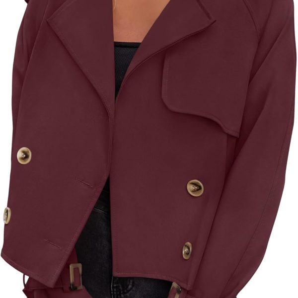 Womens Long Sleeve Crop Trench Coat Lapel Double Breasted Loose Casual Jacket with Pockets