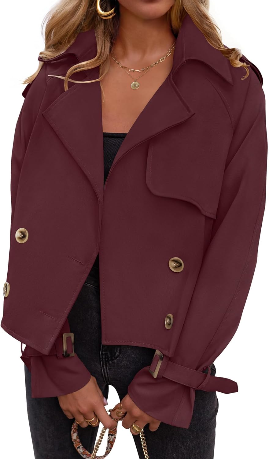 Womens Long Sleeve Crop Trench Coat Lapel Double Breasted Loose Casual Jacket with Pockets