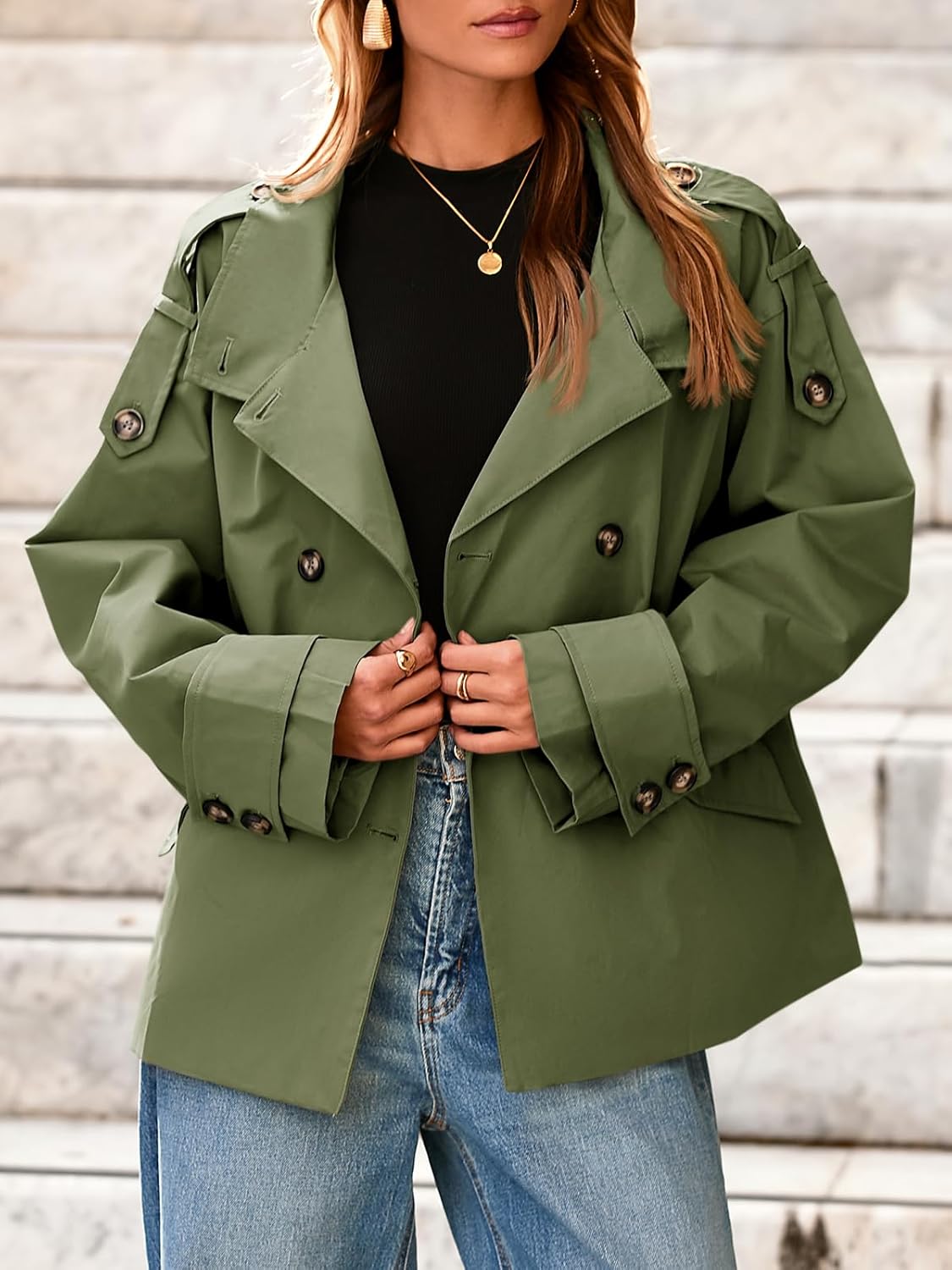 Women's Short Trench Coat – Loose-Fit Double-Breasted Stand Collar Jacket, Casual Autumn Commuter Outerwear - Image 2
