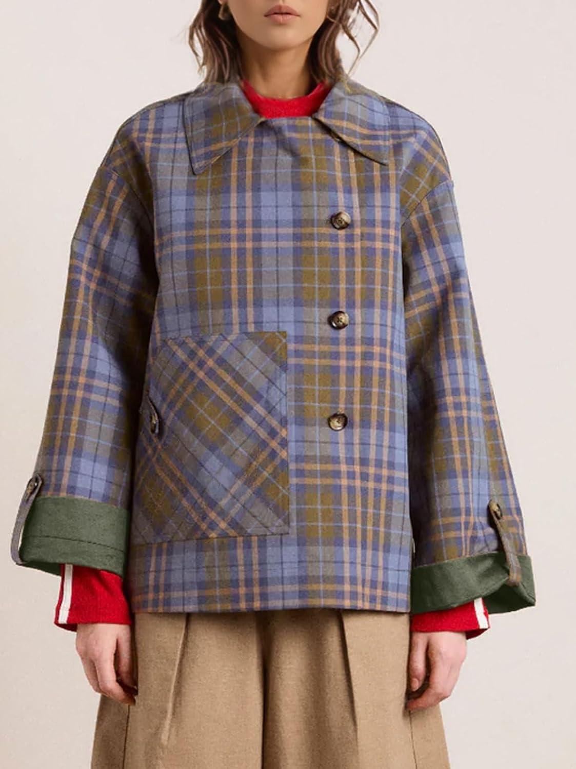 Women's Short Trench Coat – Autumn Plaid Reversible Jacket with Notched Lapel (Loose Fit, With Pockets) - Image 2
