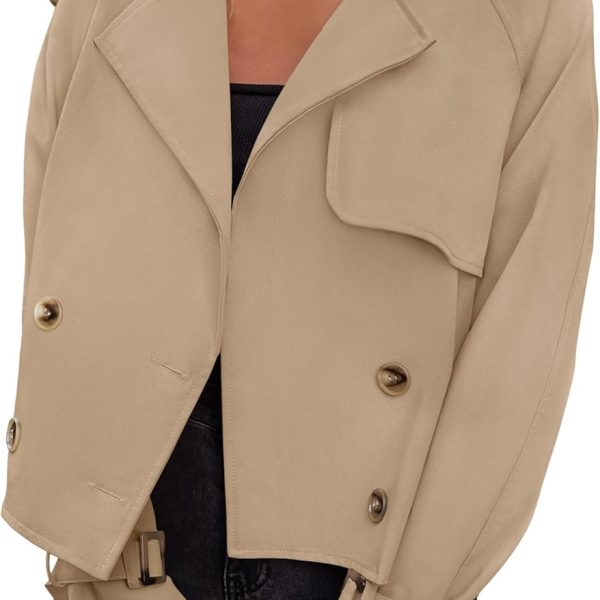 Womens Long Sleeve Crop Trench Coat Lapel Double Breasted Loose Casual Jacket with Pockets