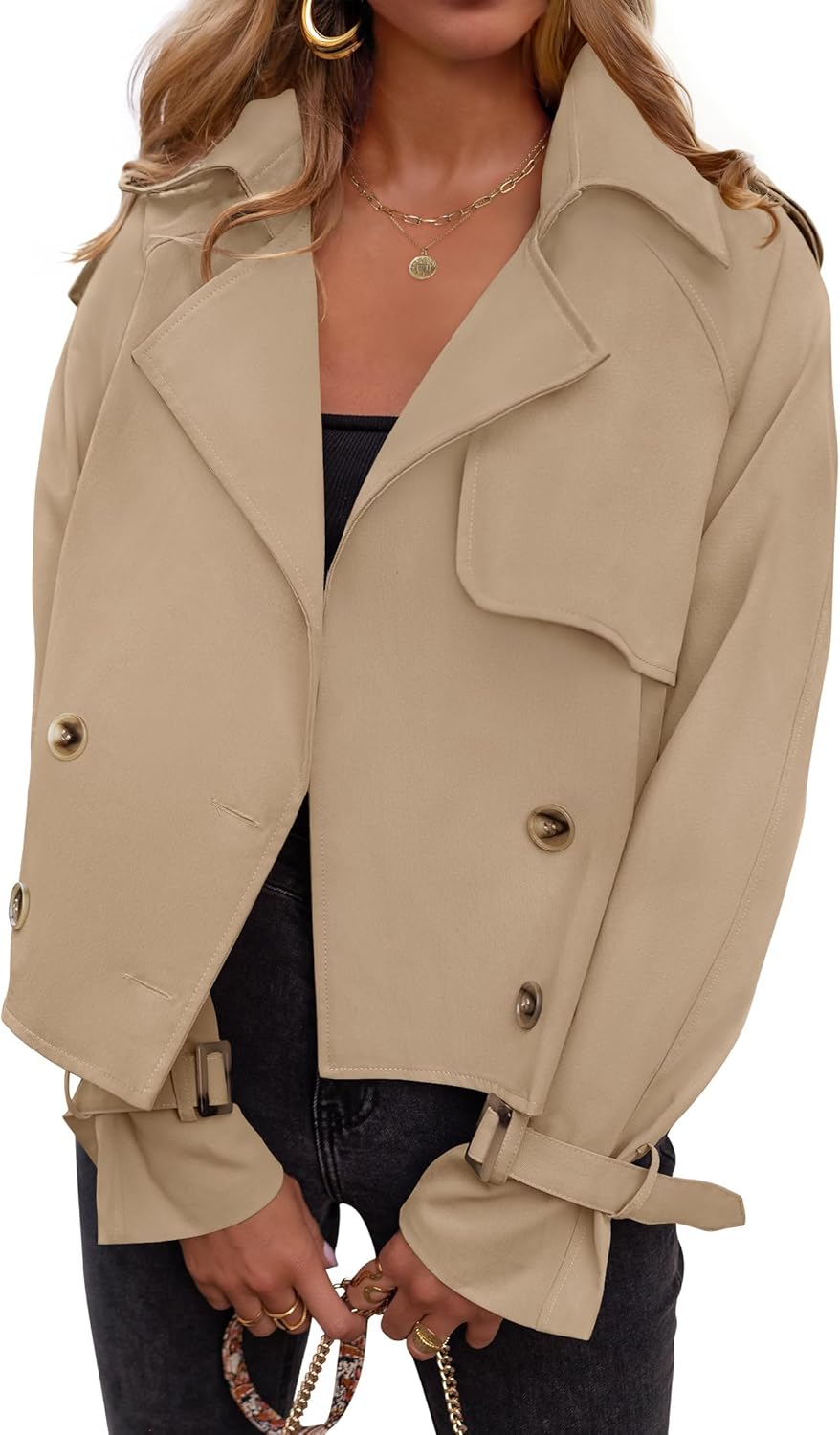 Womens Long Sleeve Crop Trench Coat Lapel Double Breasted Loose Casual Jacket with Pockets