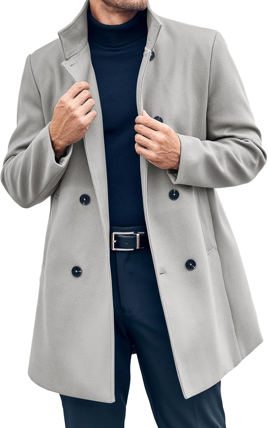 Men's Mid-Length Trench Coat: Winter Double-Breasted Pea Coat, Casual Business Warm Overcoat