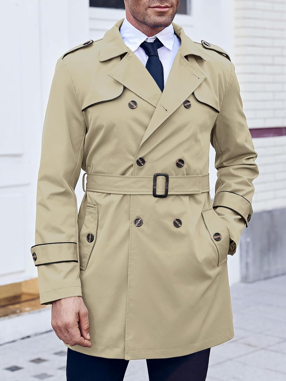 Men's Trench Coat: Slim-Fit Double-Breasted, Notched Lapel Belted Windbreaker, Long Casual Overcoat - Image 2